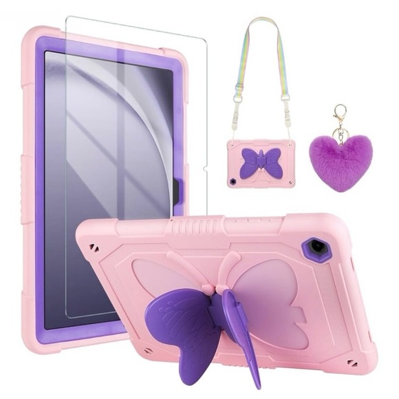 Pink and Purple Tablet Case with Accessories w/ butterfly kickstand and strap - Picture 1 of 7
